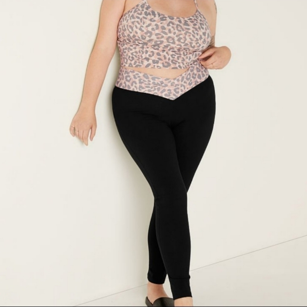 🔥 NWT PINK Leopard Crossover Black Leggings by Victoria Secret Sz XL